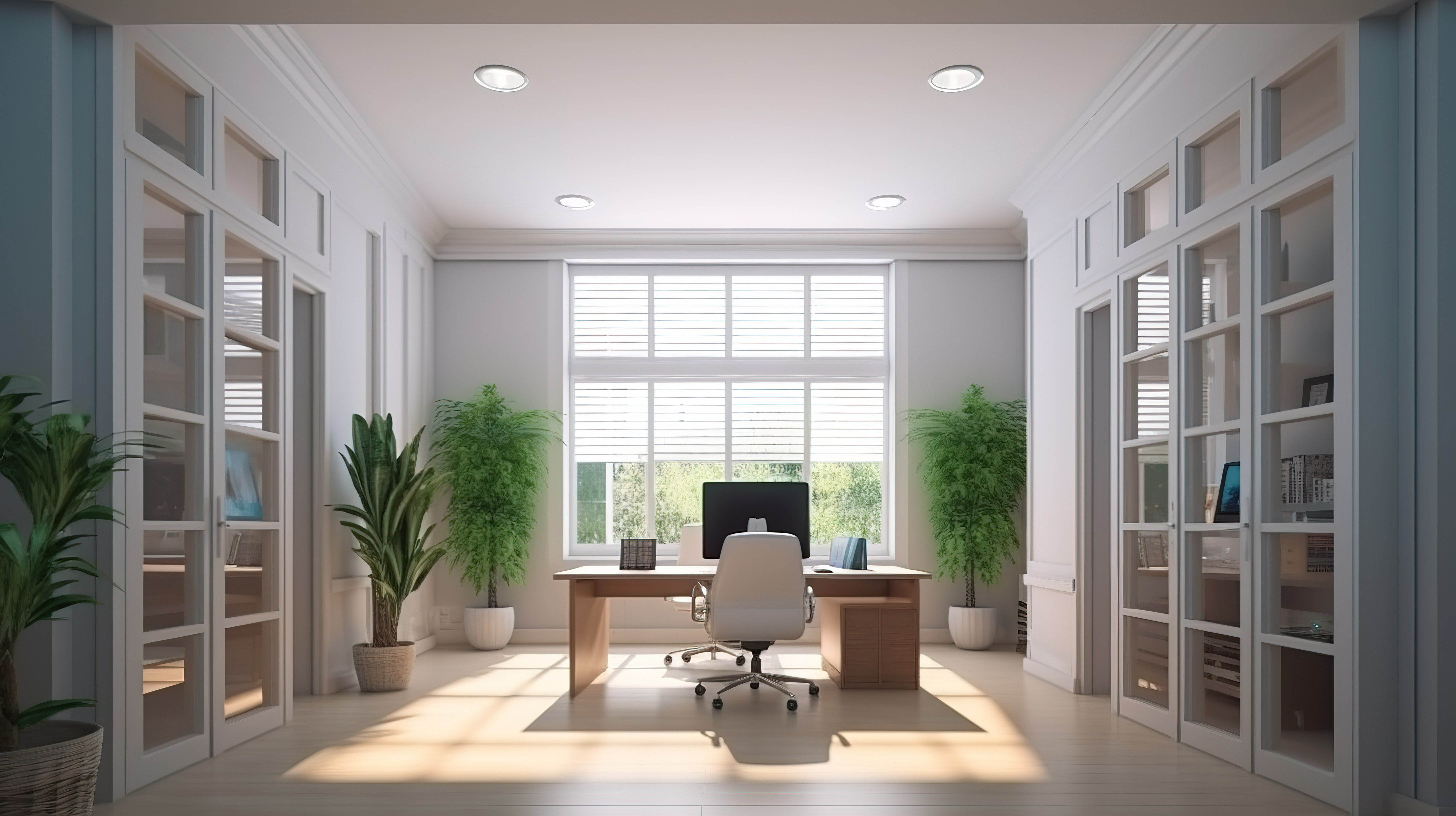 千库网_办公室工作区的 3D 渲染,前视图中有门窗_背景编号6944710.jpg